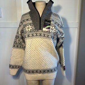 NWT Nordly’s 100% Wool Snow Crystal Sweater Unisex Grey/Cream Small Zipper #0727